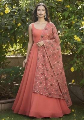 Peach Embroidered Silk Anarkali Set