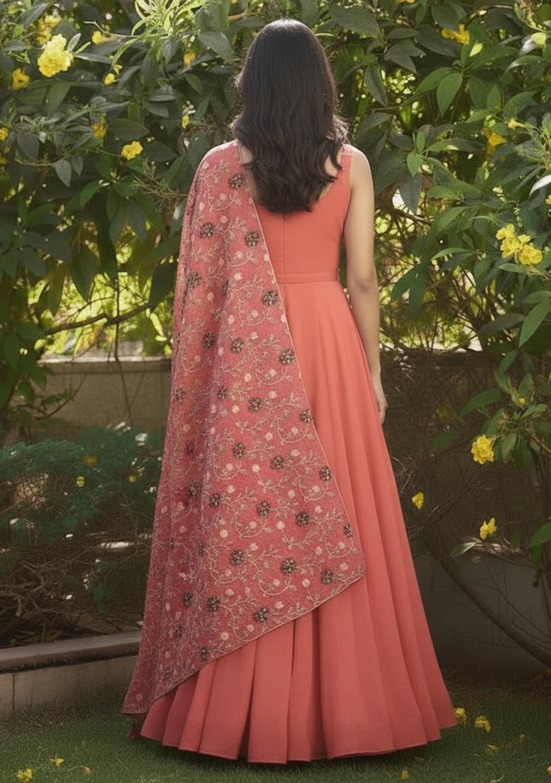 Peach Embroidered Silk Anarkali Set - Indya