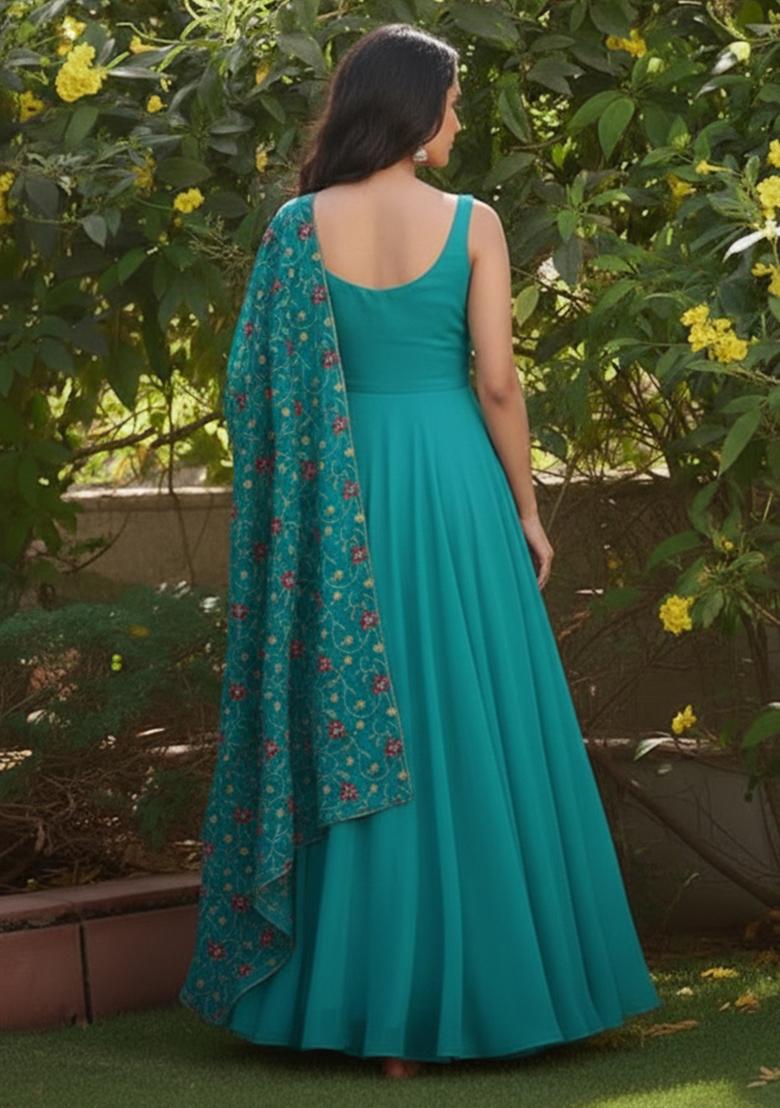 Blue Embroidered Silk Anarkali Set - Indya