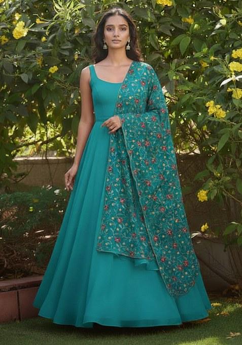 Blue Embroidered Silk Anarkali Set