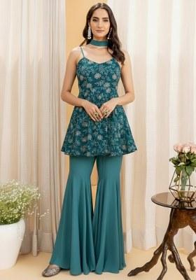 Teal Blue Embroidered Sharara Set
