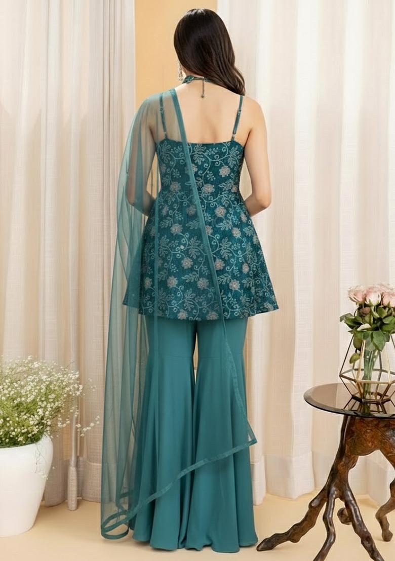 Teal Blue Embroidered Sharara Set - Indya