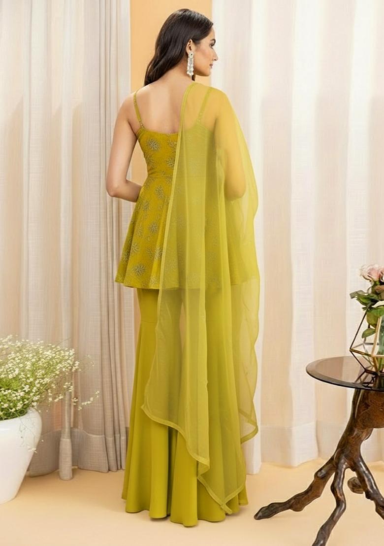 Green Embroidered Sharara Set - Indya