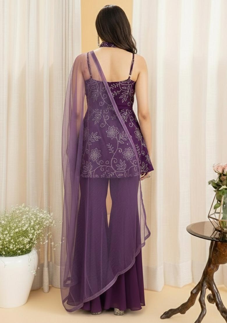 Purple Embroidered Sharara Set - Indya