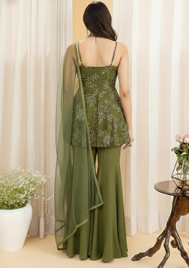 Green Embroidered Sharara Set - Indya
