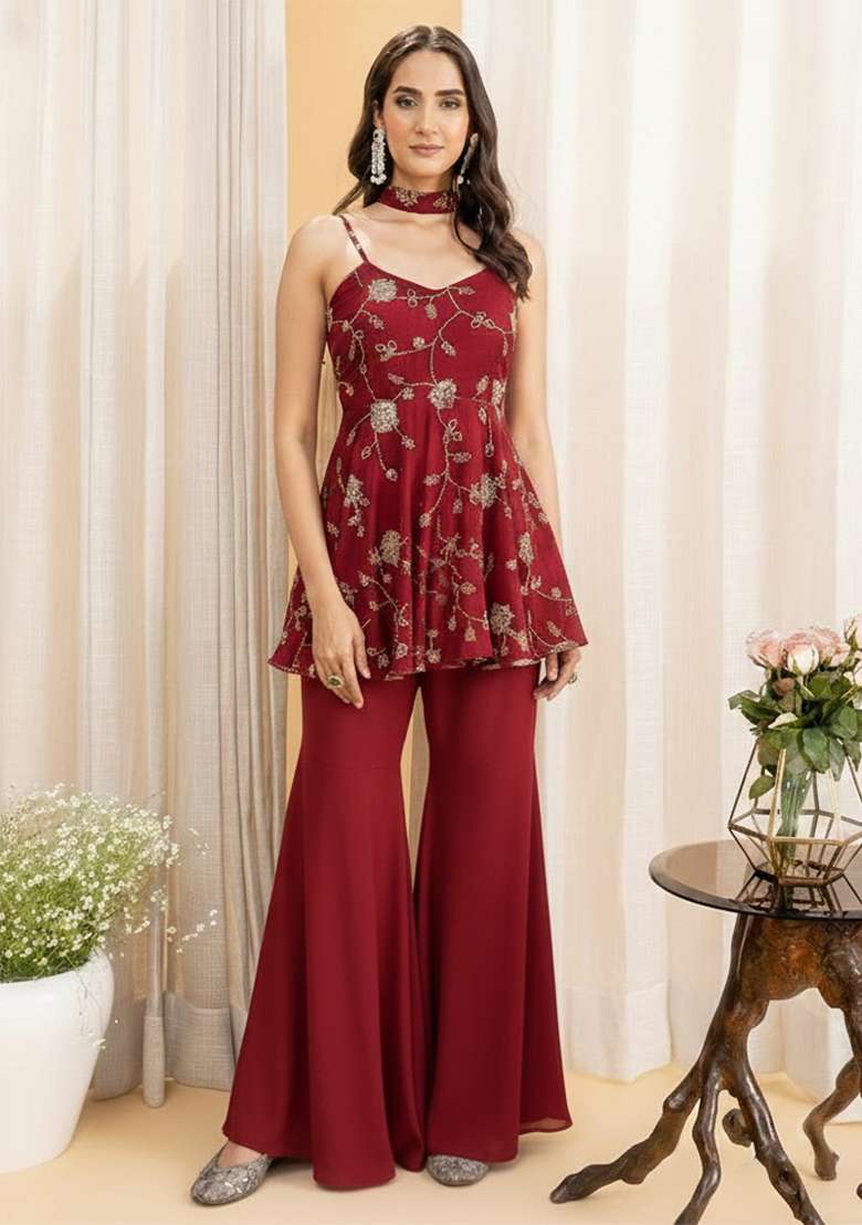 Red Embroidered Silk Sharara Set - Indya