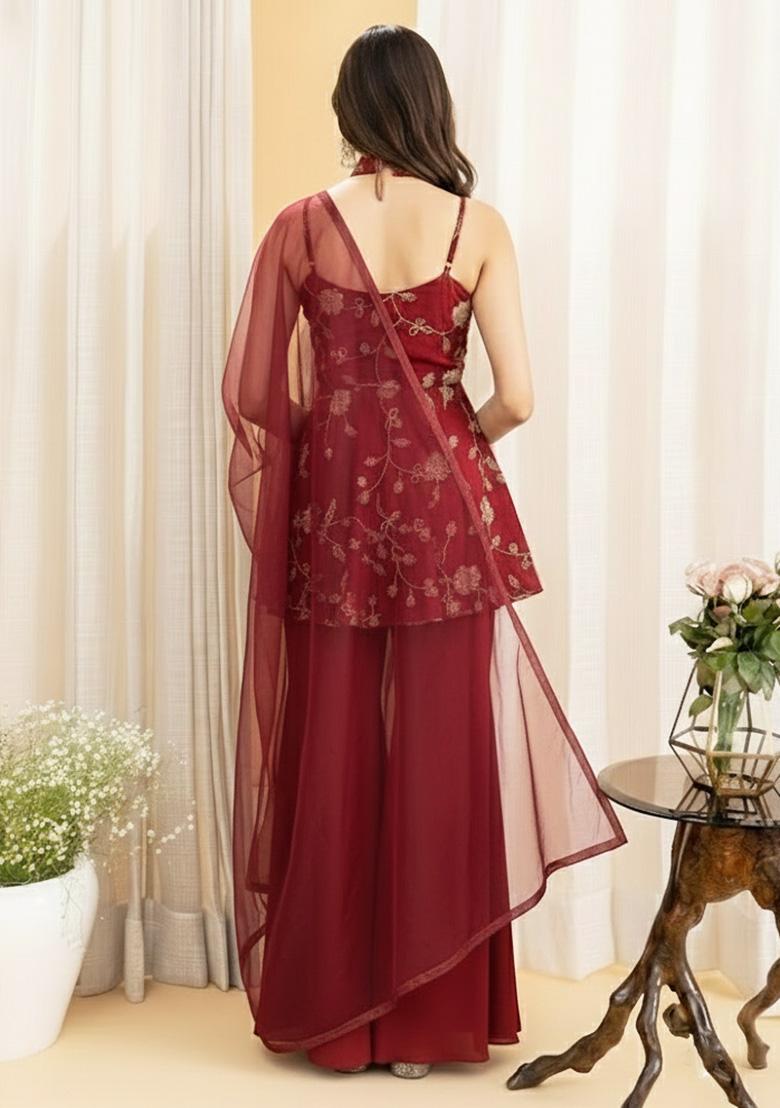 Red Embroidered Silk Sharara Set - Indya