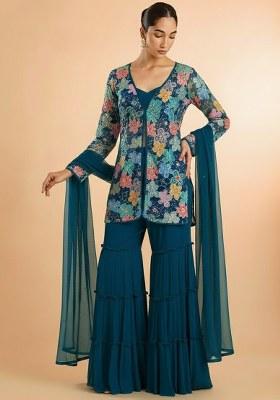 Teal Blue Embroidered Crepe Sharara Set