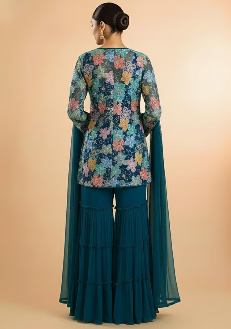 Teal Blue Embroidered Crepe Sharara Set - Indya