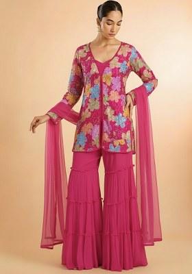 Pink Embroidered Crepe Sharara Set