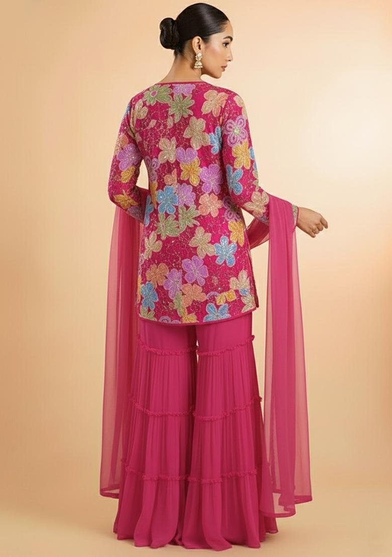 Pink Embroidered Crepe Sharara Set - Indya