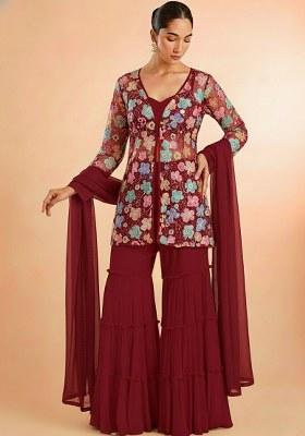 Deep Maroon Embroidered Crepe Sharara Set