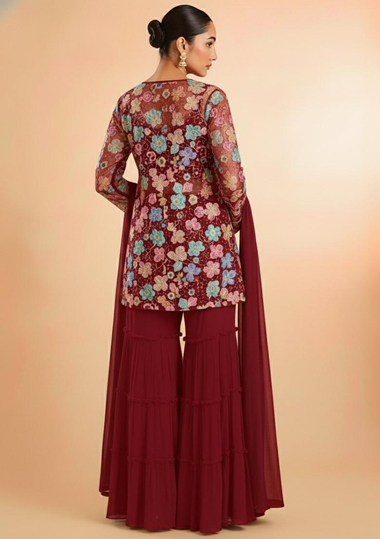 Deep Maroon Embroidered Crepe Sharara Set - Indya