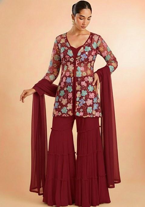 Deep Maroon Embroidered Crepe Sharara Set