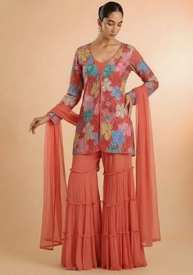 Peach Embroidered Crepe Sharara Set