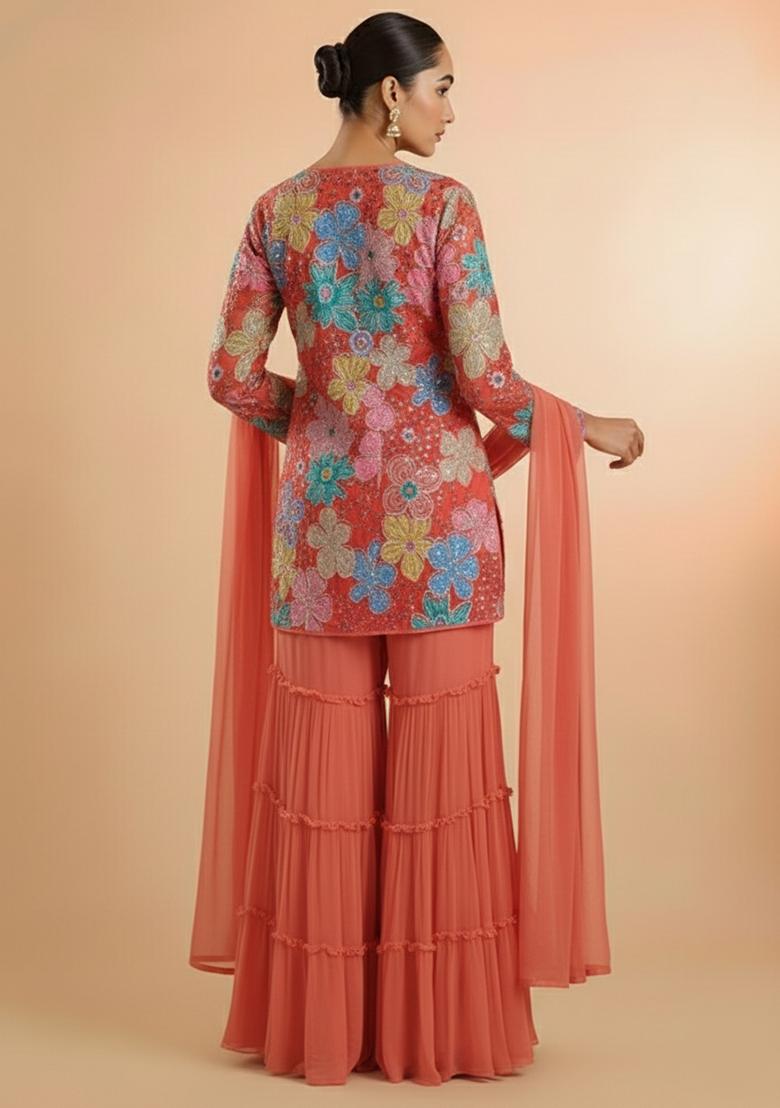Peach Embroidered Crepe Sharara Set - Indya