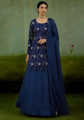 Navy Blue Embroidered Silk Sharara Set