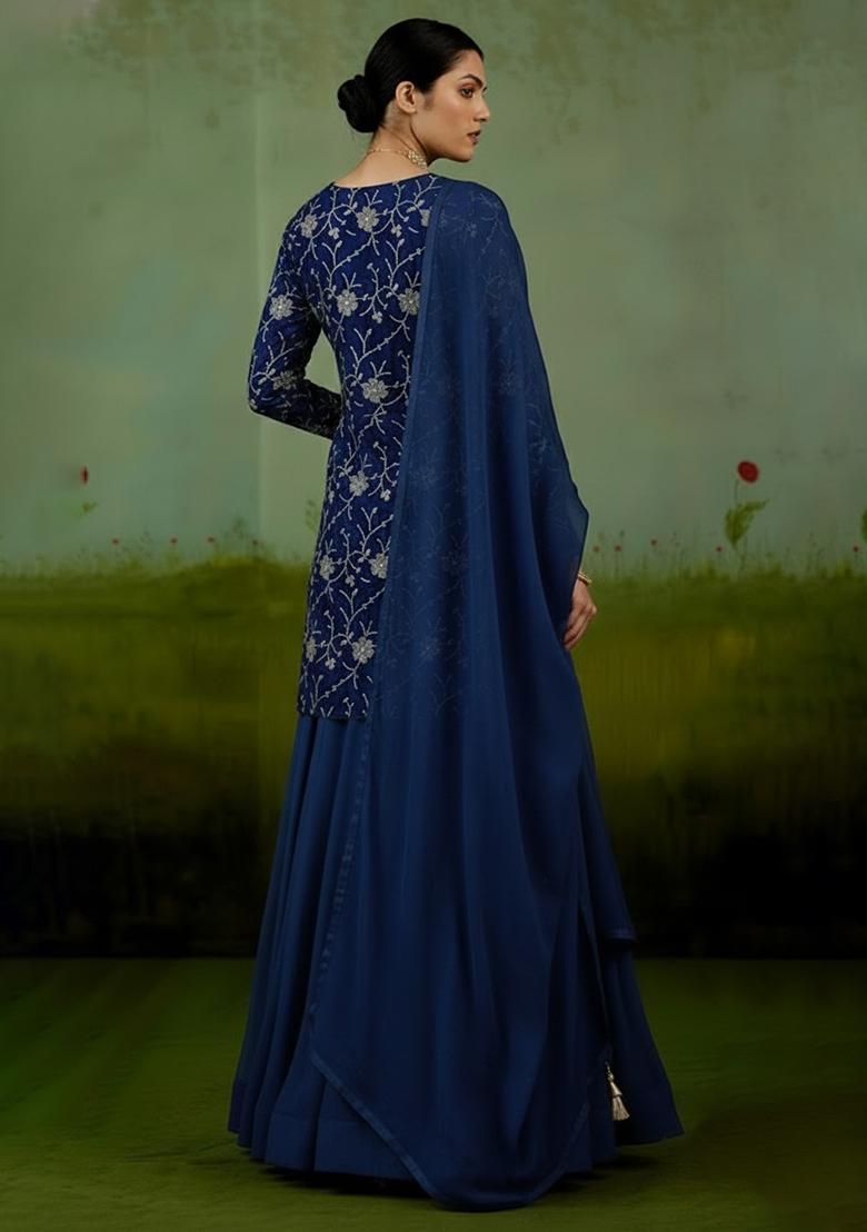 Navy Blue Embroidered Silk Sharara Set - Indya