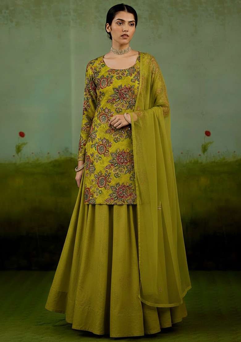 Olive Green Floral Print Organza Sharara Set - Indya
