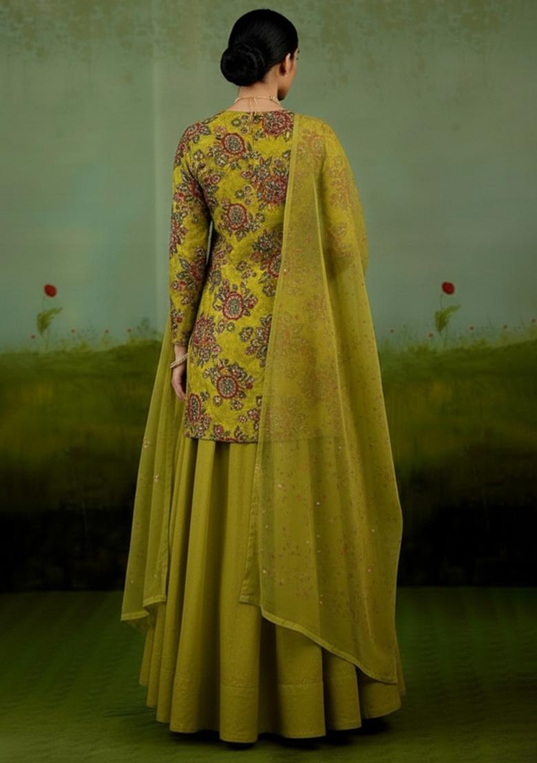 Olive Green Floral Print Organza Sharara Set - Indya