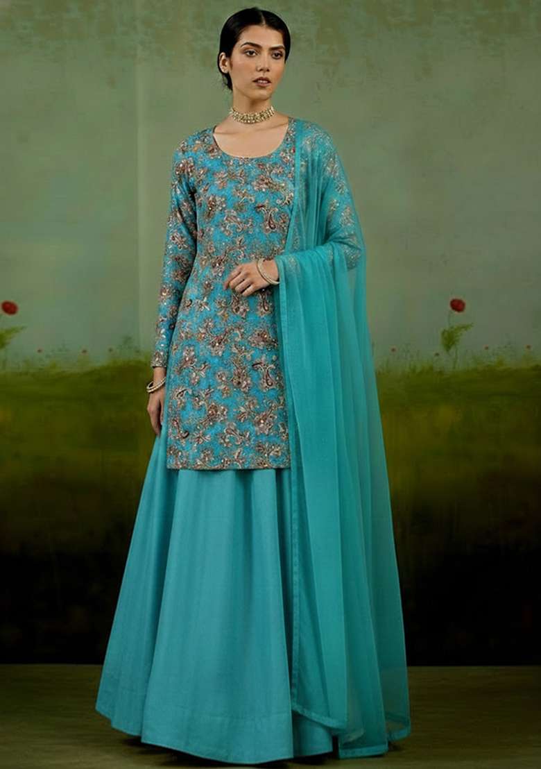 Teal Blue Embroidered Crepe Sharara Set - Indya
