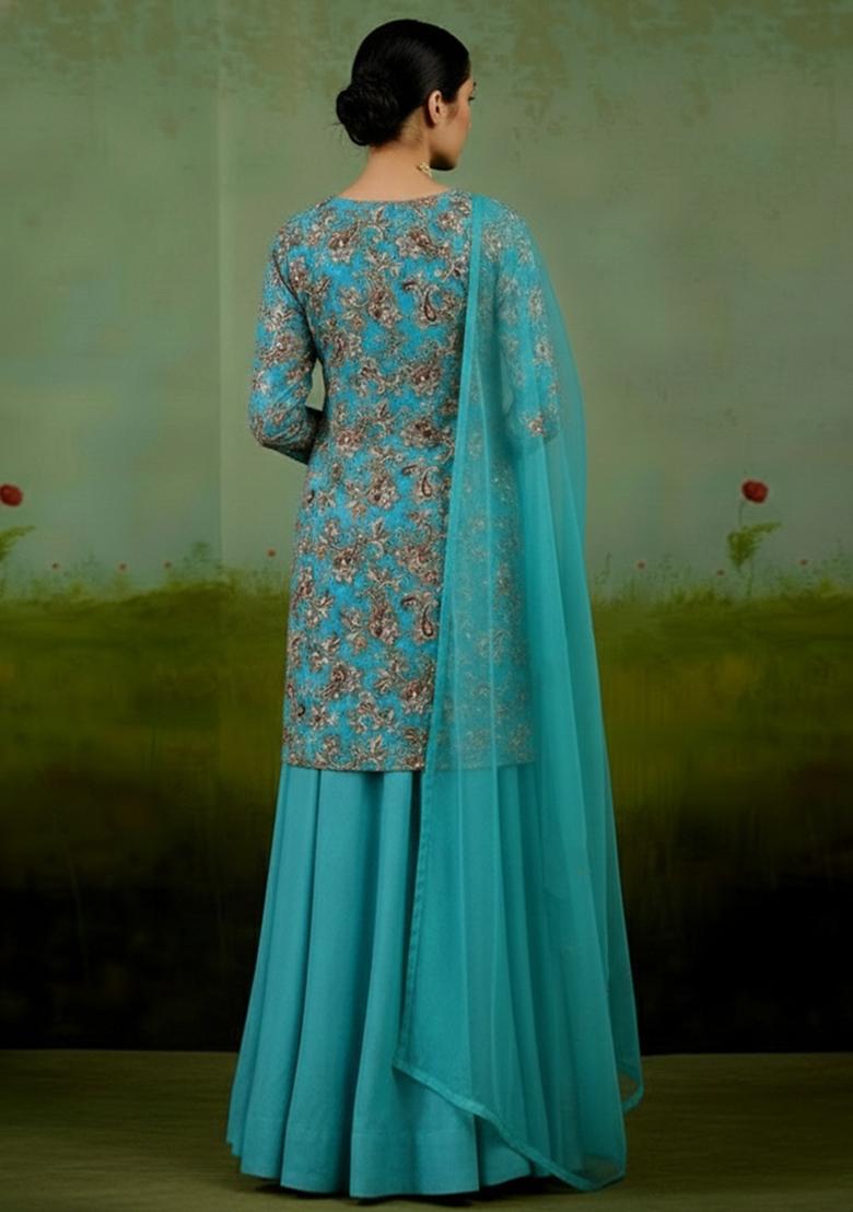Teal Blue Embroidered Crepe Sharara Set - Indya