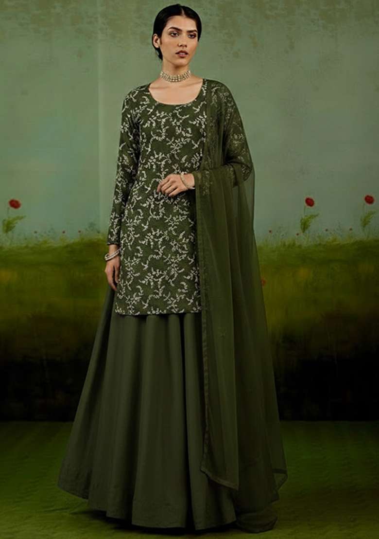 Olive Green Embroidered Crepe Sharara Set - Indya