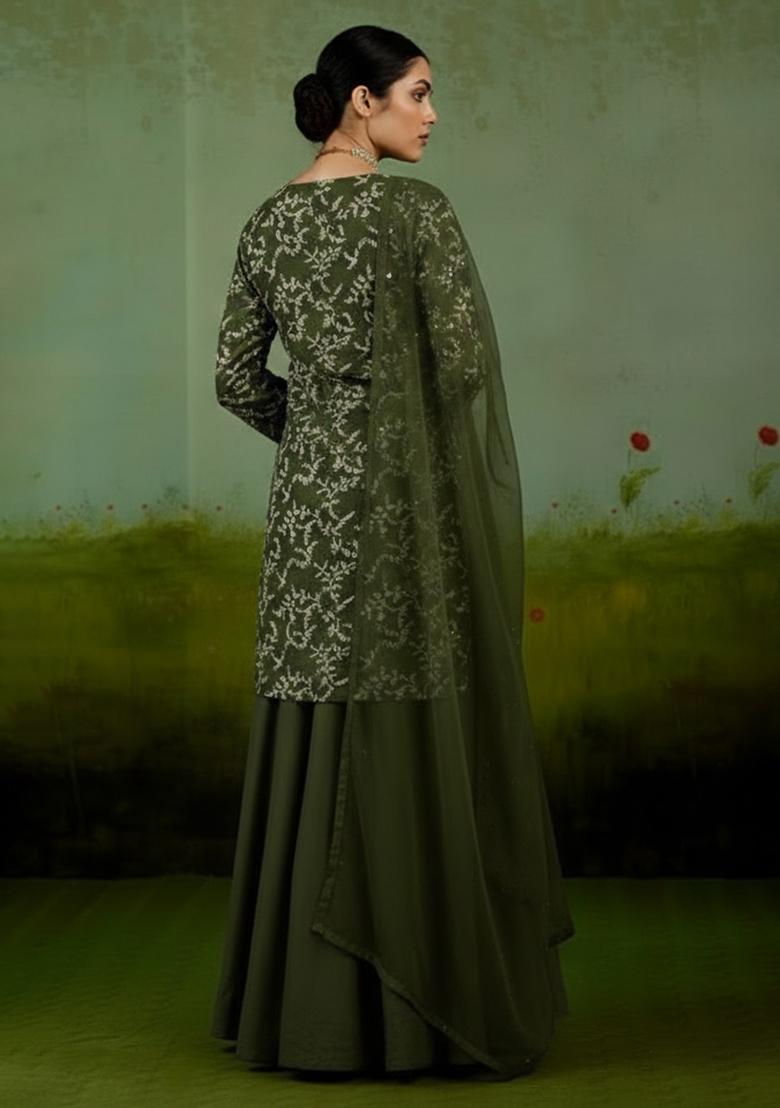 Olive Green Embroidered Crepe Sharara Set - Indya