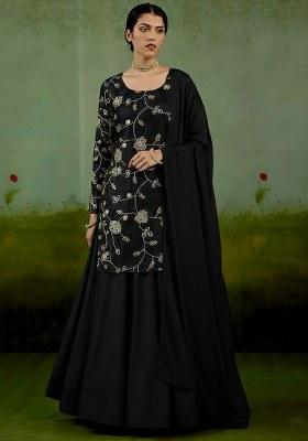 Black Embroidered Silk Sharara Set