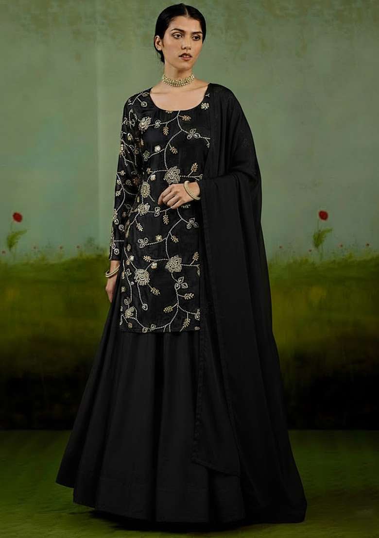 Black Embroidered Silk Sharara Set - Indya