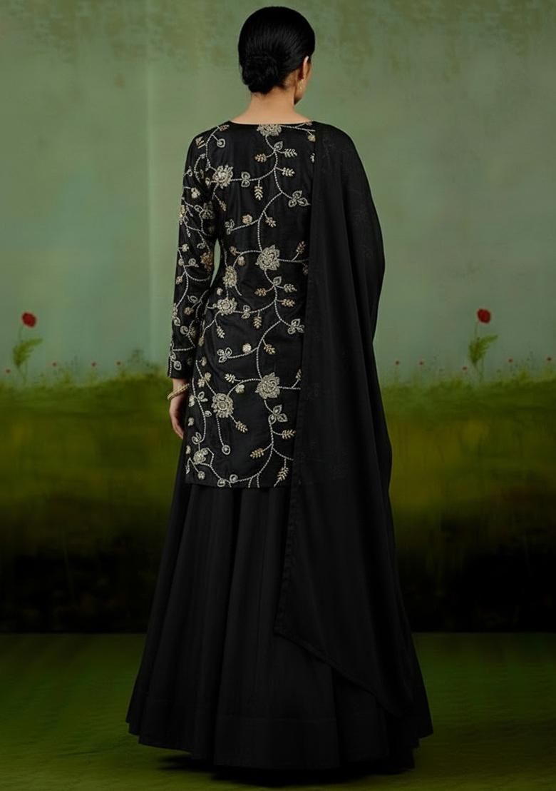 Black Embroidered Silk Sharara Set - Indya