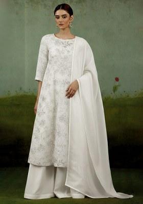 Off White Embroidered Poly Blend Kurta Set