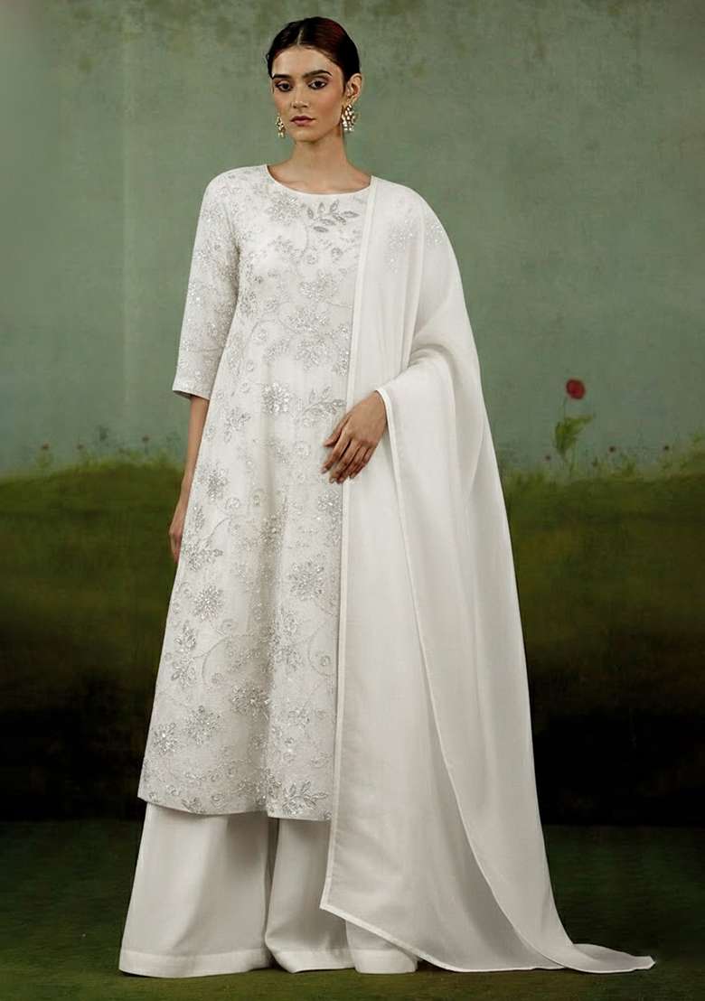 Off White Embroidered Poly Blend Kurta Set - Indya