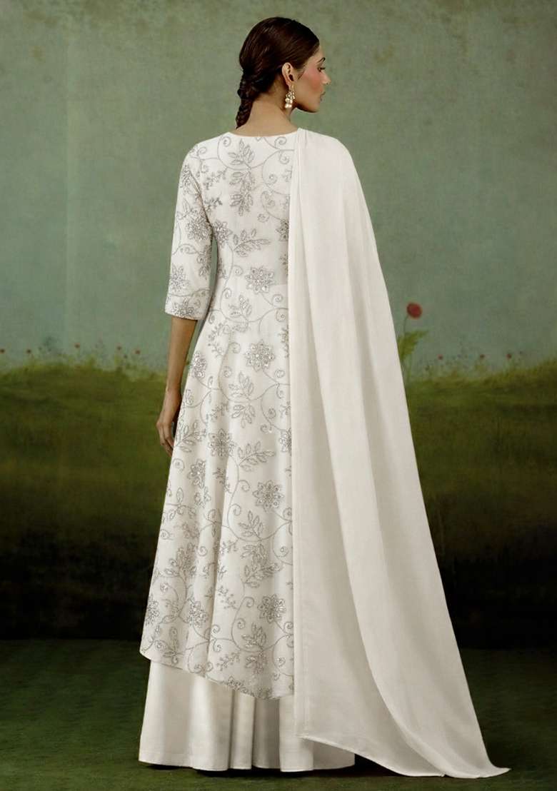 Off White Embroidered Poly Blend Kurta Set - Indya