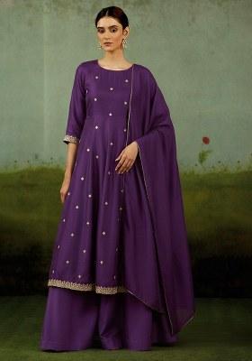 Royal Purple Embroidered Crepe Kurta Set