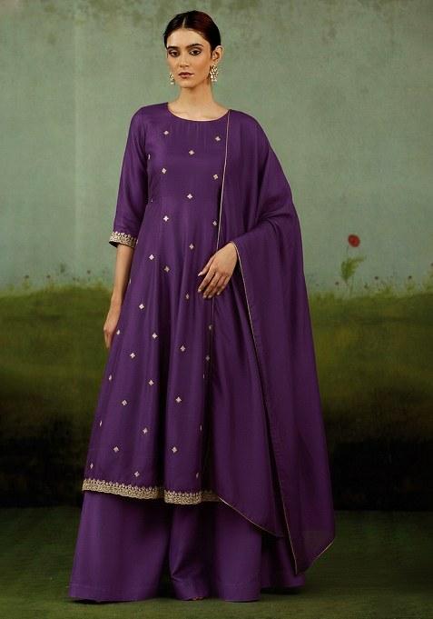 Royal Purple Embroidered Crepe Kurta Set