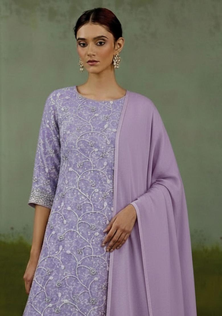 Lavender Embroidered Net Kurta Set - Indya