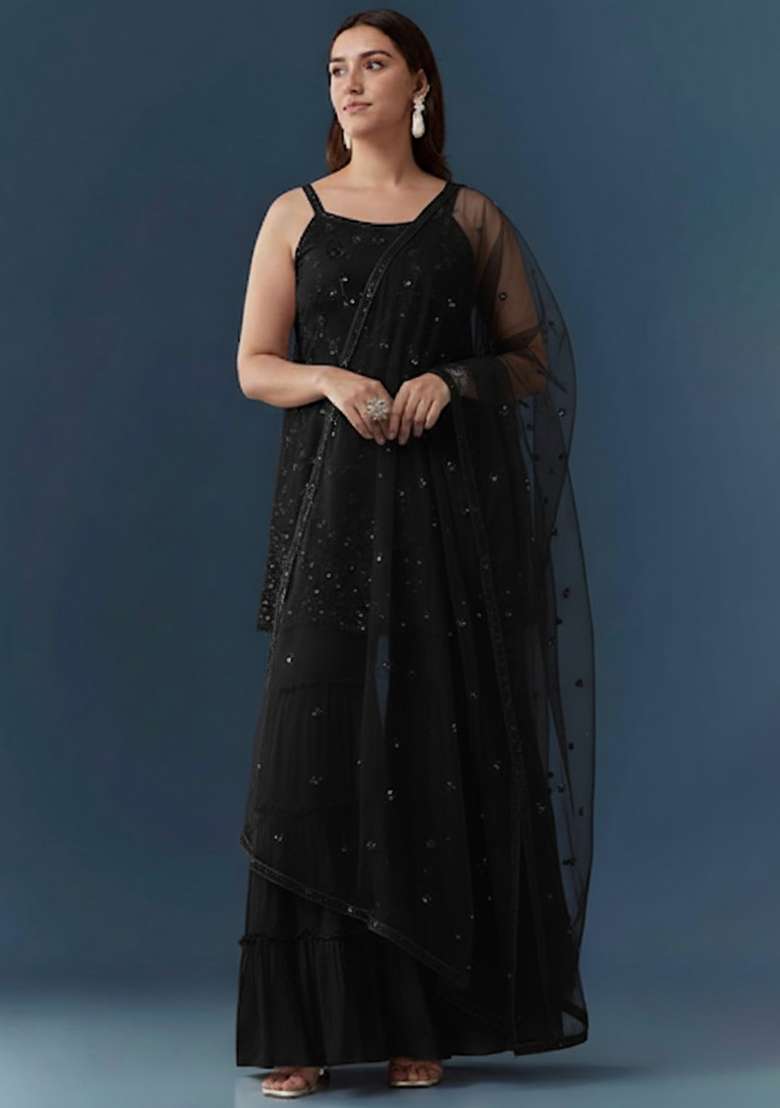 Jet Black Sequin Work Georgette Sharara Set - Indya