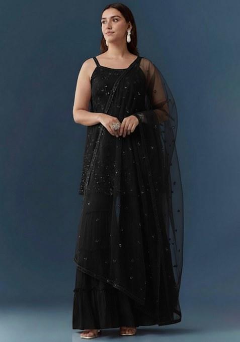 Jet Black Sequin Work Georgette Sharara Set