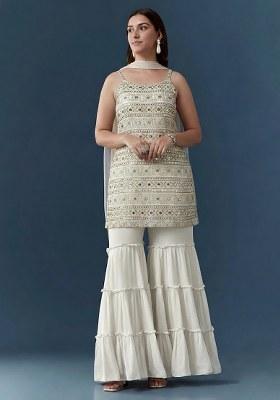 Off White Sequin Work Georgette Sharara Set