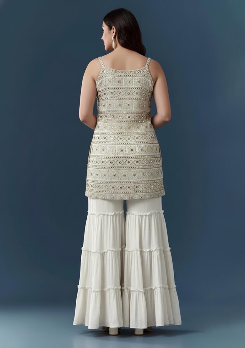 Off White Sequin Work Georgette Sharara Set - Indya