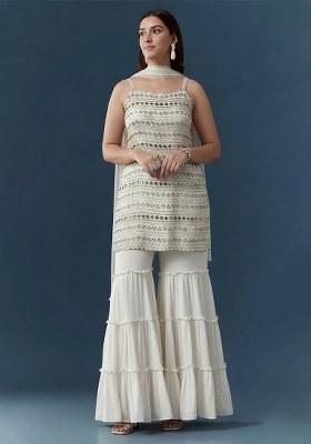 Off White Sequin Work Georgette Sharara Set