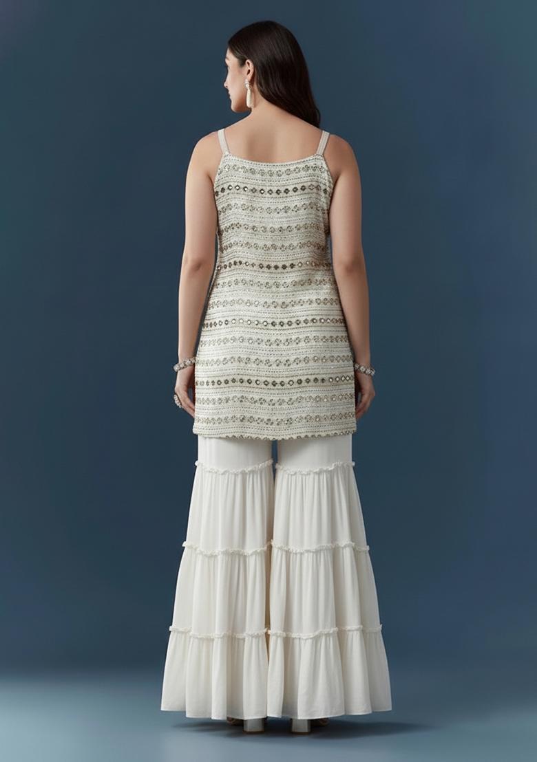 Off White Sequin Work Georgette Sharara Set - Indya