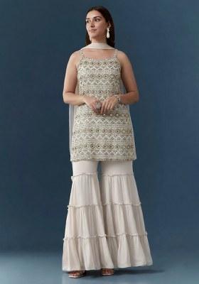 Off White Sequin Work Georgette Sharara Set