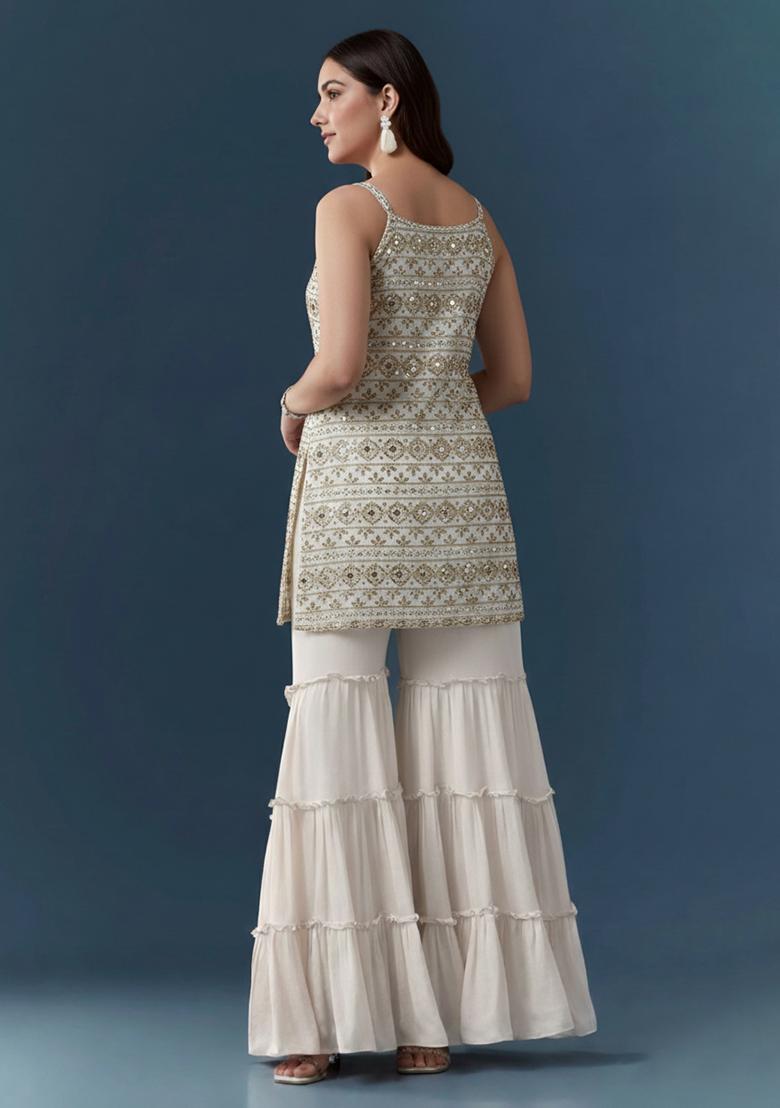 Off White Sequin Work Georgette Sharara Set - Indya