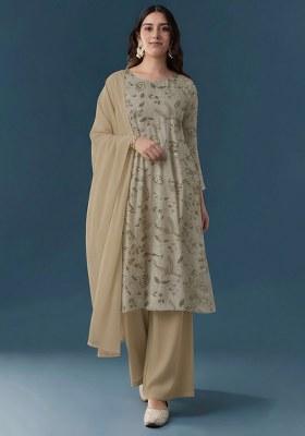 Sage Green Floral Print Linen Kurta Set