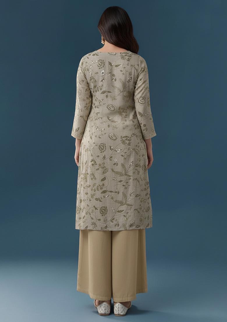 Sage Green Floral Print Linen Kurta Set - Indya