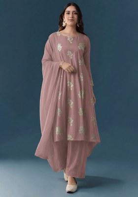 Mauve Pink Floral Print Linen Kurta Set
