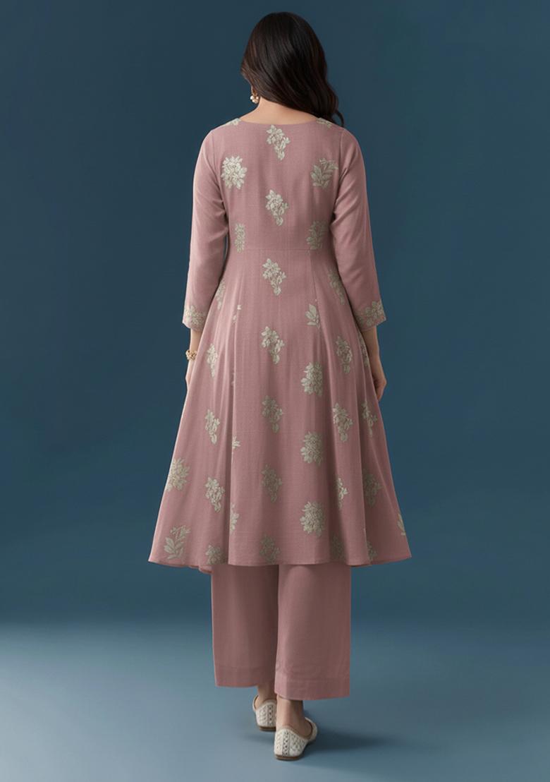 Mauve Pink Floral Print Linen Kurta Set - Indya