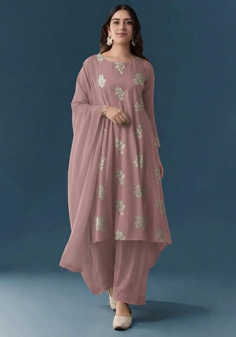 Mauve Pink Embroidered Linen Pakistani Suit Set